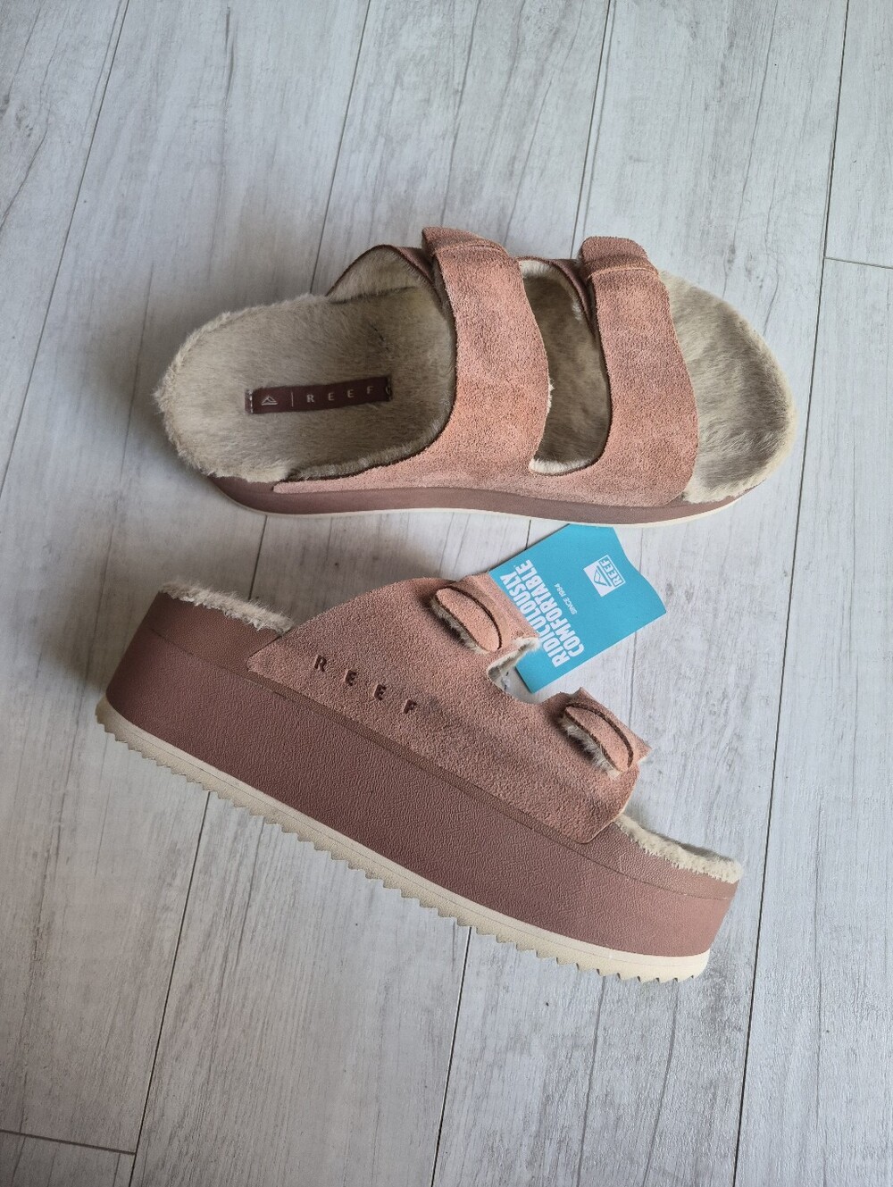 REEF NEW Ojai Ciara Faux Shearling Lined Platform Slide Sandals